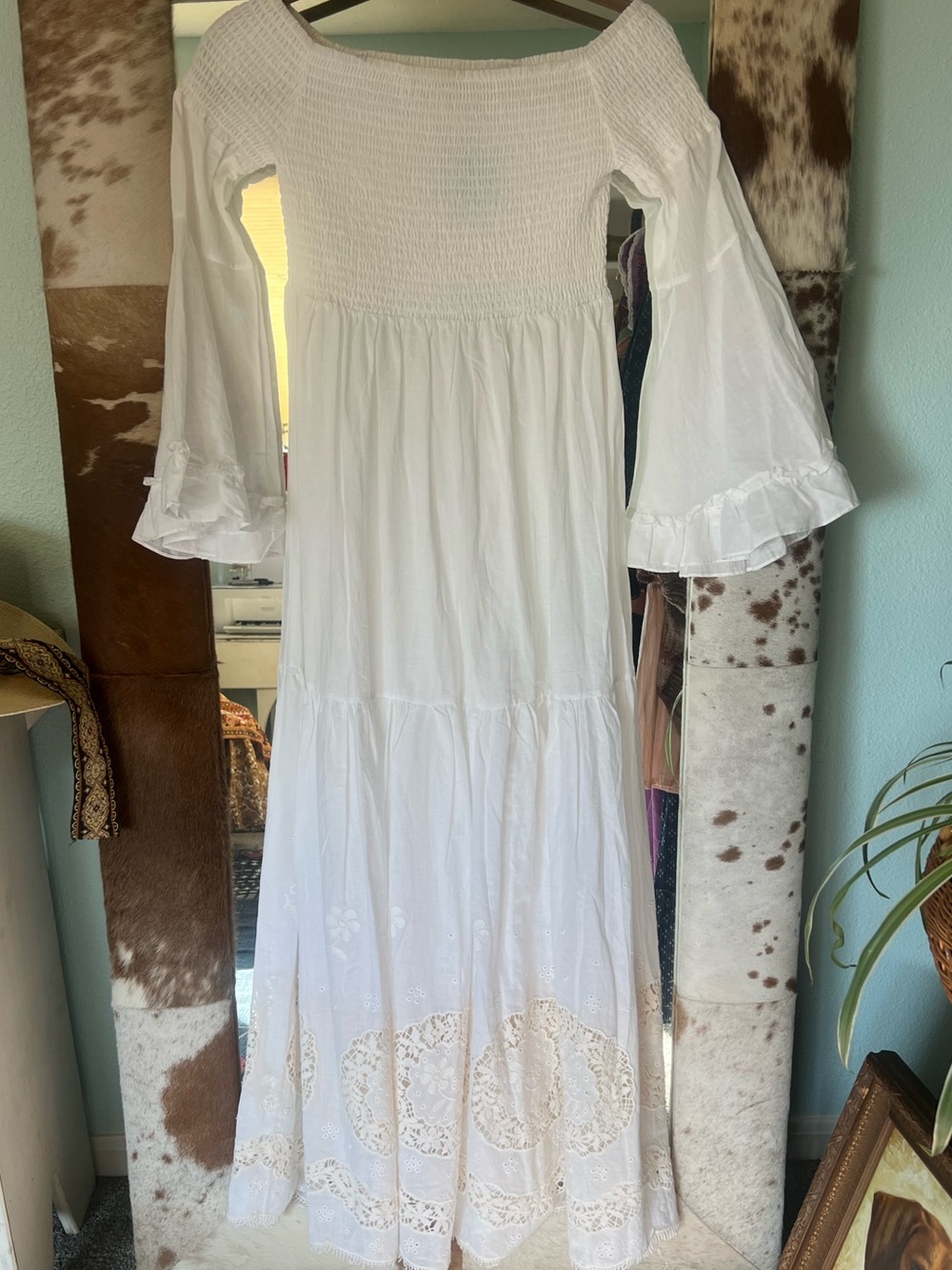 White Smocked Eyelet Lace Maxi Dress Dôen Inspired Cottagecore Boho OS